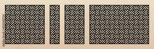 Laser cut panels. Abstract geometric pattern with lines, squares, grid. Decorative template for laser cutting, CNC cut of wood, metal, paper. Trendy geo ornament. Aspect ratio 1:1, 1:4, 1:2, 3:2