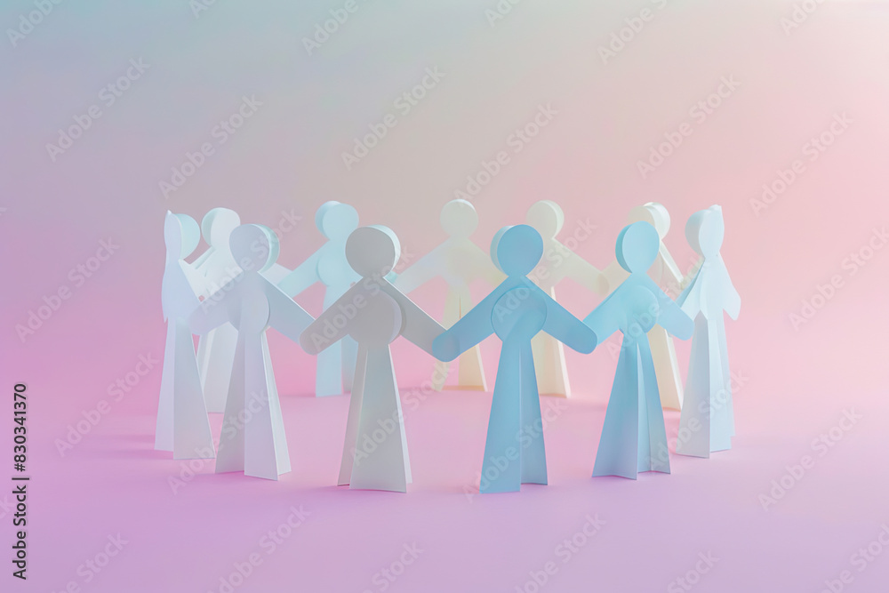 Unity in Paper: White Figures Holding Hands on a Pastel Background Unity in Paper: White Figures Holding Hands on a Pastel Background