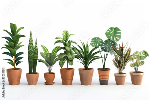 set of decorative terracotta houseplants in various styles isolated on white background 3d rendering