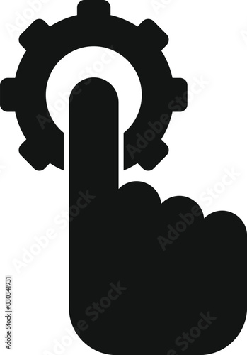 Interacting with technology, a black and white silhouette of a finger engaging with a gear icon to access settings and optimize machinery in a modern digital interface