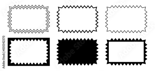 Set of rectangle frames and shapes with zigzag edges. Blank text boxes or banners, tags or labels rectangular shapes with jagged borders isolated on white background. Vector graphic illustration.