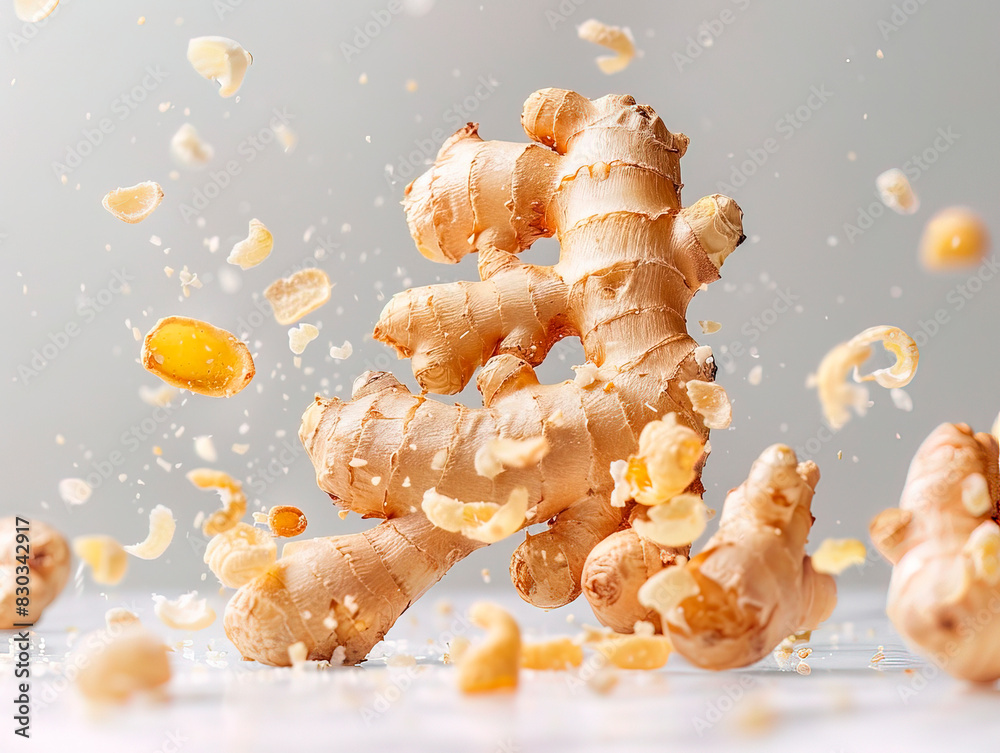 photography of GINGER falling from the sky, hyperpop colour scheme. glossy, white background Flying ginger root with slices collection isolated on white background. photography of GINGER falling from the sky, hyperpop colour scheme. glossy, white background Flying ginger root with slices collection isolated on white background.