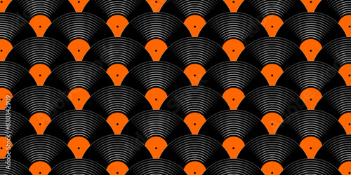 Vinyl records background. Reapiting gramophone LP or long play music discs pattern. 70s 80s discotheque or techno party nostalgia wallpaper. Wrapping or scrapbooking paper print. Vector illustration.