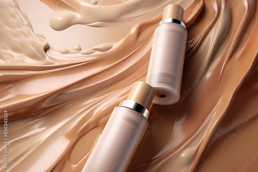 Naklejka premium Bottle of makeup foundation and samples on beige background. Cosmetic product presentation. Luxury flying liquid in motion. Feminine copy space, nude, brown template