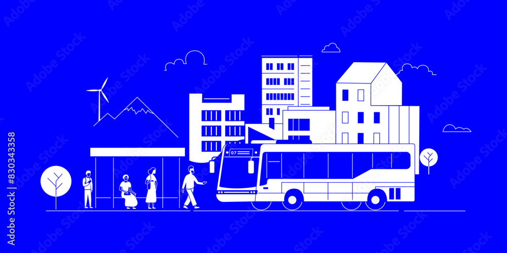 Naklejka premium Bus stop. The bus pulls up to the stop.