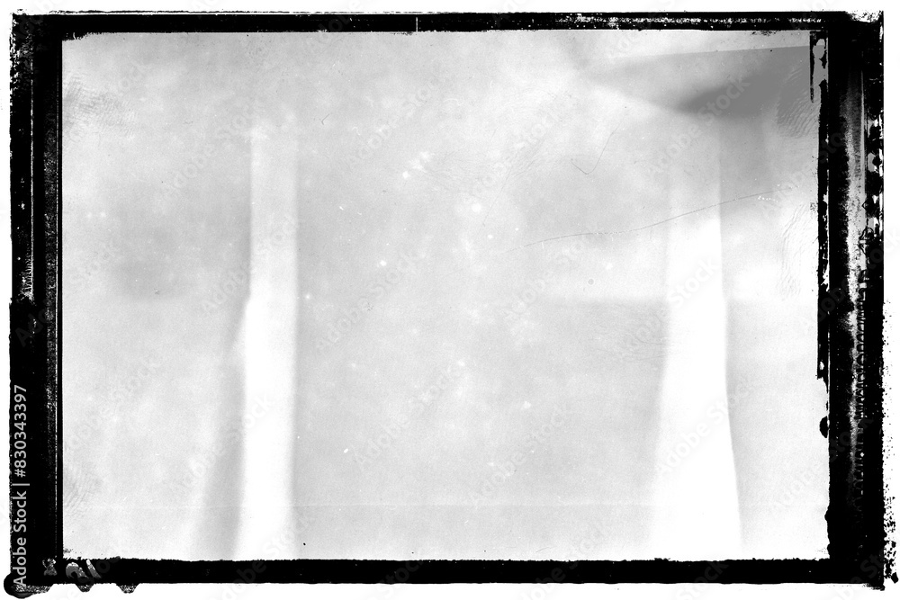 Vintage photo film frame of a middle format old camera wet plate photo frame of an olda camera technique with dust, scratches, noise on transparent background.
