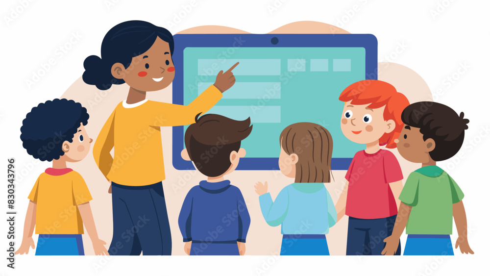 As the class wraps up the children excitedly gather around a large interactive touch screen taking turns to demonstrate the new skills they have learned.. Vector illustration As the class wraps up the children excitedly gather around a large interactive touch screen taking turns to demonstrate the new skills they have learned.. Vector illustration