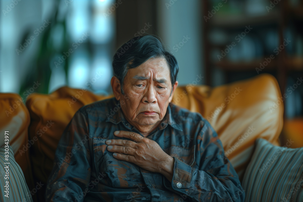 Man Sitting on Top of Couch Holding Chest Man Sitting on Top of Couch Holding Chest