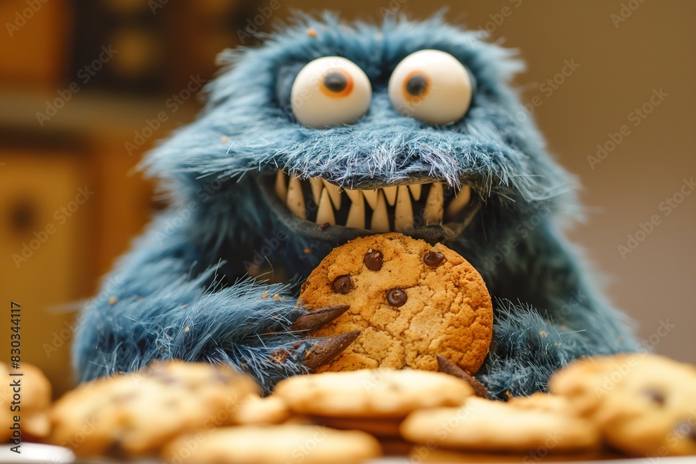 Obraz premium A cute, blue monster joyfully holds and munches on a chocolate cookie.