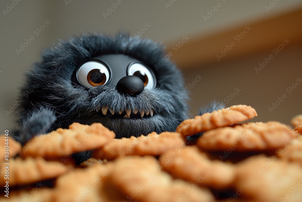 Obraz premium A playful monster stuffed animal sitting among a variety of delicious chocolate cookies.