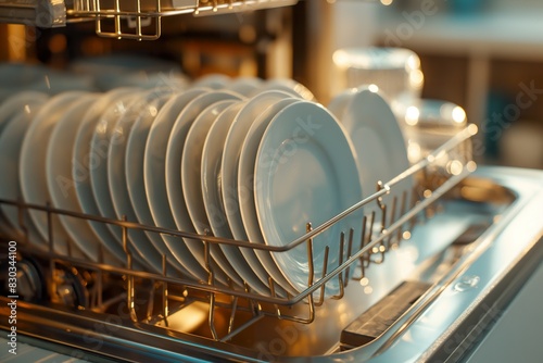 A close-up of modern white dishes neatly stacked inside a fully loaded dishwasher. photo