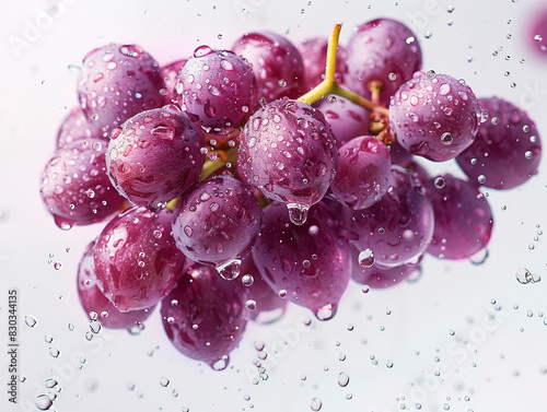 photography of GRAPES falling from the sky, hyperpop colour scheme. glossy, white background Grapes isolated. A bunch of ripe blue grapes with leaves in water drops on a white background.