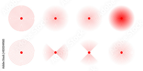 Pain localization icons. Set of red concentric circles. Ache or inflammation symbols. Pulse, shockwave or vibration sign. Coverage or damage, radio or sonar signal pictograms. Vector illustration.
