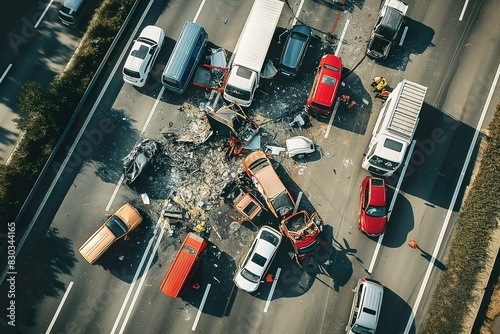 Above, multiple vehicles on highway in disastrous collision. photo
