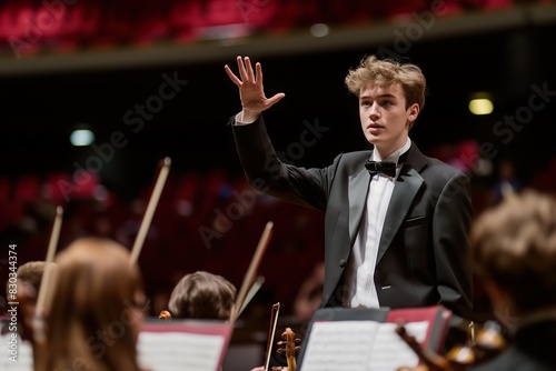 A young man in a tuxedo is conducting an orchestra.