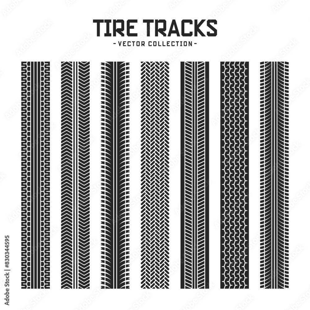 Tire tracks, wheel braking marks. Truck, car or motorcycle tread pattern silhouettes. Auto race, motorsport, speed racing design element. Vector illustration Tire tracks, wheel braking marks. Truck, car or motorcycle tread pattern silhouettes. Auto race, motorsport, speed racing design element. Vector illustration