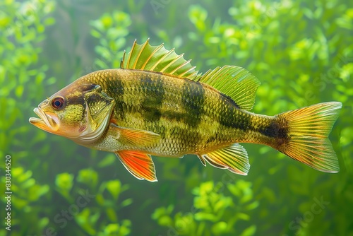 Fishing trophy - big freshwater perch in water on green background photo