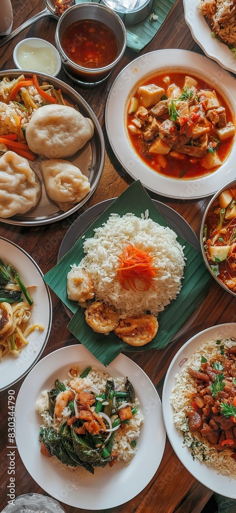A vibrant array of mouthwatering hot street food dishes displayed on a table, tempting the taste buds. A vibrant array of mouthwatering hot street food dishes displayed on a table, tempting the taste buds.
