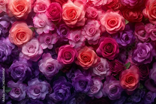 A collection of vibrant pink and purple roses in full bloom  showcasing a stunning gradient of colors.