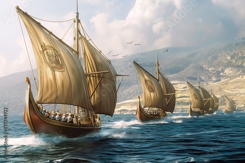 A group of Viking ships with raised dragon heads on the bow sail across the open sea.
