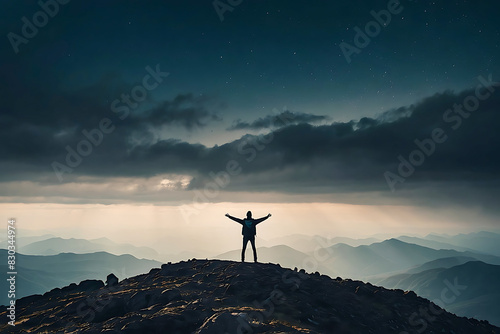 A lone person stands on top of a big mountain with hands towards the sky as to celebrate their achievement