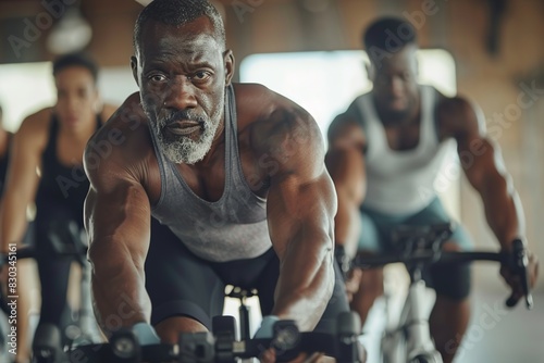 Fit mature black man in sportswear doing a cycling class with a group of diverse people in a gym photo