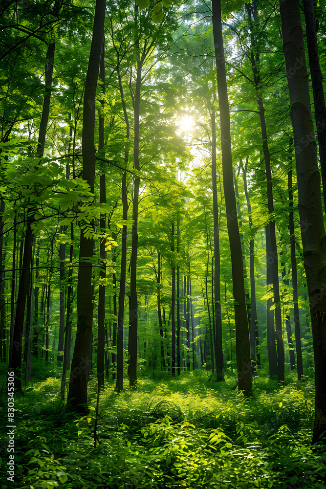 Morning Sunlight Filtering Through Lush Green Forest Trees: Serene and Tranquil Nature Scene