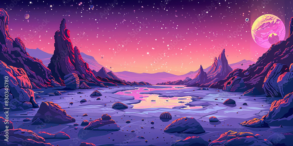 Alien planet landscape with rocky surface and lake. Vector cartoon ...