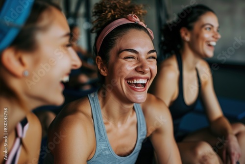 Fitness  laughing and friends at the gym for training  pilates class and happy for exercise at a club. Smile  sport in a group for a workout  cardio or yoga on a studio wall