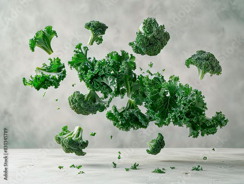 photography of KALE falling from the sky  hyperpop colour scheme. glossy  white background fresh kale isolated on white background top view