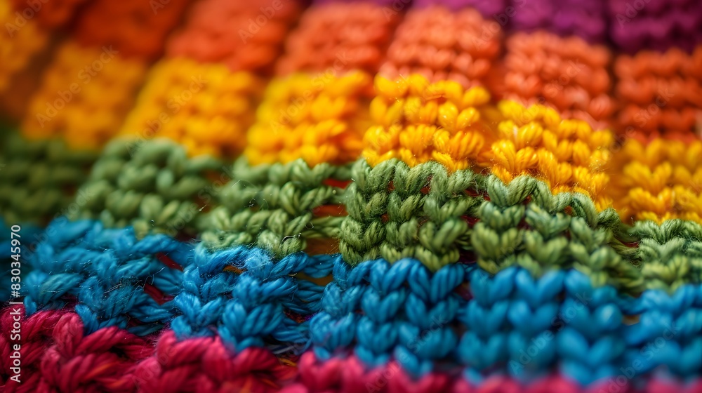 Details of an homemade knit sweater with colorful rainbow colors