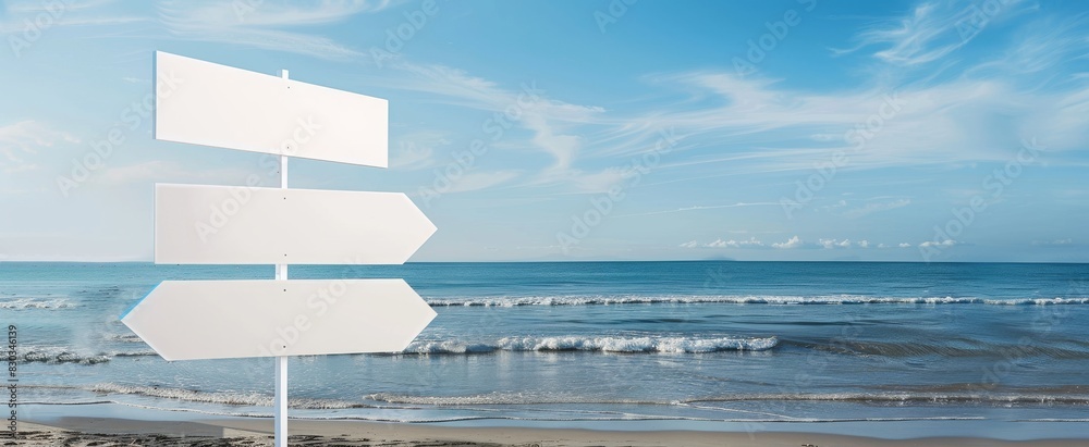 Three white blank road signs pointing in different directions on beach ...