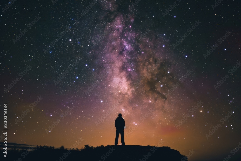 Starry sky with a person standing on a hill looking up at the stars