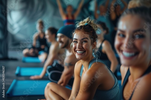 Fitness, laughing and friends at the gym for training, pilates class and happy for exercise at a club. Smile, sport in a group for a workout, cardio or yoga on a studio wall © Boraryn