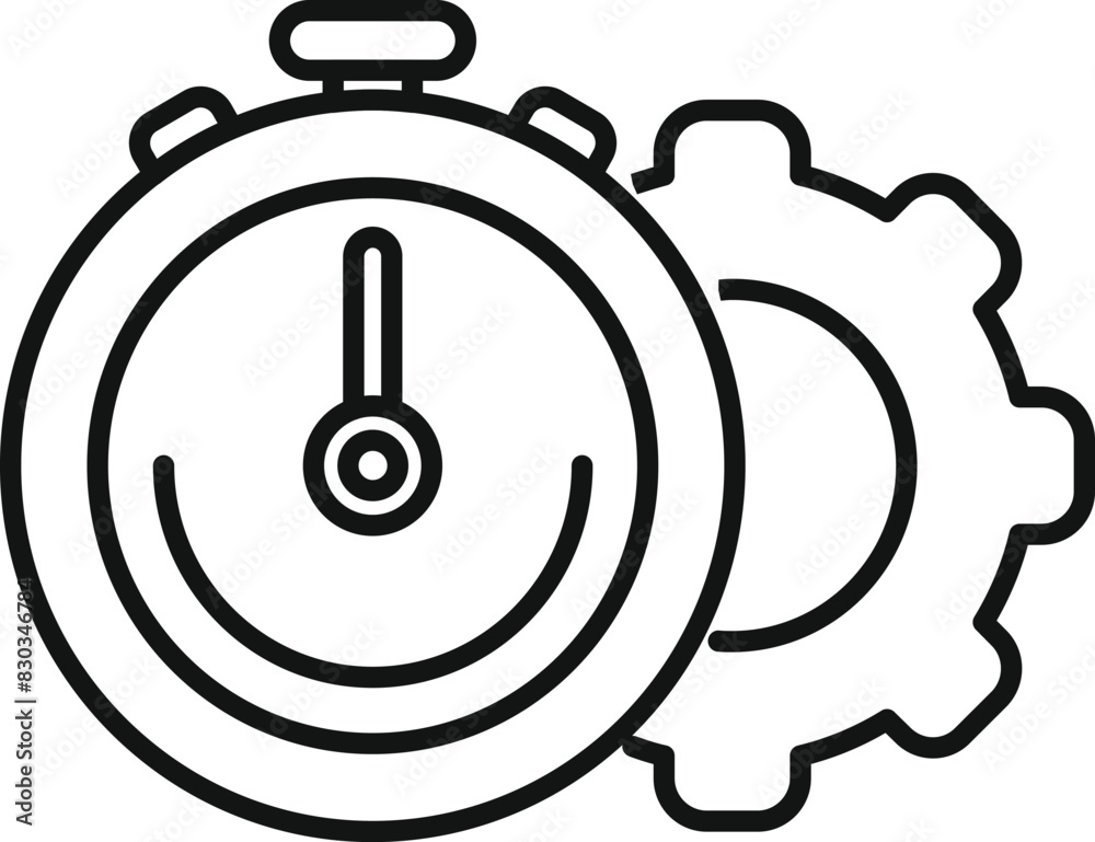 Black and white line art of a stopwatch intertwined with mechanical gears Black and white line art of a stopwatch intertwined with mechanical gears