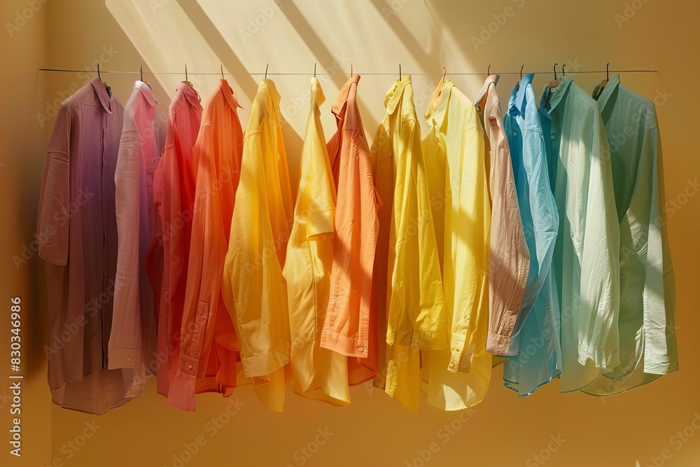 vivid shirt spectrum colorful garments hanging in airy sunkissed space fashion photography