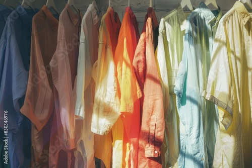 vivid shirt spectrum colorful garments hanging in airy sunkissed space fashion photography photo
