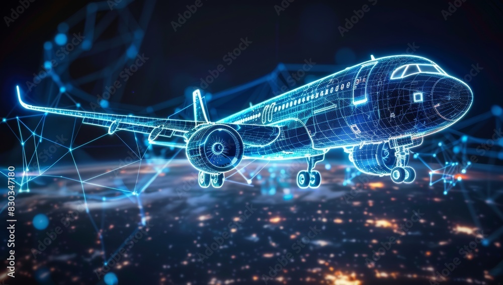 A digital rendering of an airplane flying in the air, with blue and white wireframe lines representing its flight path. A digital rendering of an airplane flying in the air, with blue and white wireframe lines representing its flight path.