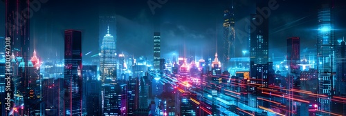 Futuristic city technology with digital glowing light reflection, smart modern mega city, neon technology background, Night life Smart futuristic city big data technology concept. © Ziyan