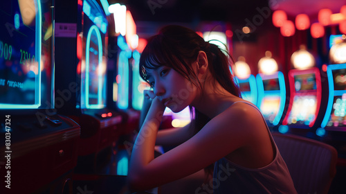 カジノで俯く美しいアジア人女性