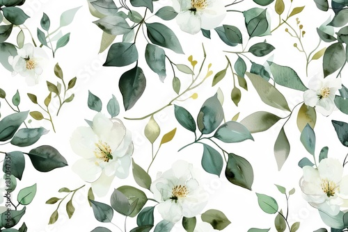 watercolor seamless pattern of delicate leaves and flowers on white background floral print design photo