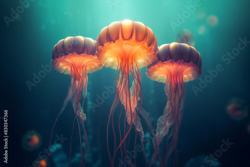 Illuminated Jellyfish Floating in Ocean Depths
