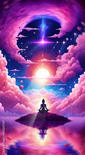 Silhouette of buddha sitting in the pose of meditation, surrounded by fantasy cosmic cloudy landscape, backgrounds, vertical