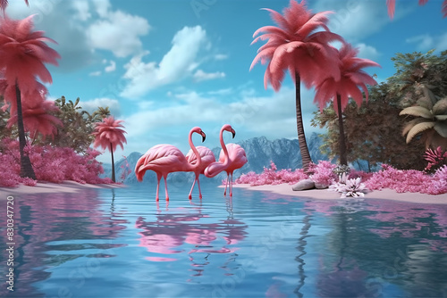 Flamingos standing in the water in a fancy world with palm trees