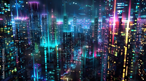 Futuristic city technology with digital glowing light reflection, smart modern mega city, neon technology background, Night life Smart futuristic city big data technology concept. © Ziyan Yang