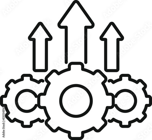 A stylized graphic depicting three gears in motion with upward arrows representing growth