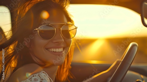 Young woman driving a car at sunset. Warm colors with a sunny glow. Perfect for travel and summer themes. AI photo