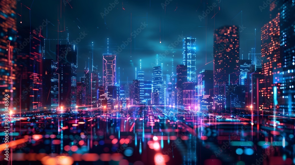 Futuristic city technology with digital glowing light reflection, smart modern mega city, neon technology background, Night life Smart futuristic city big data technology concept.