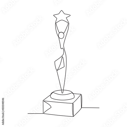 One continuous line drawing of Trophy vector illustration. Towering trophy symbolizing ultimate victory in championship. Gleaming metal and intricate design trophy in simple continuous linear style.