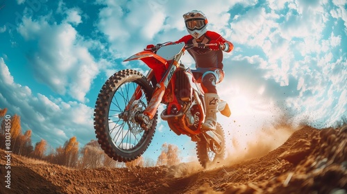 A high-energy photo showcasing a motocross rider in mid-air during a jump with a clear blue sky backdrop